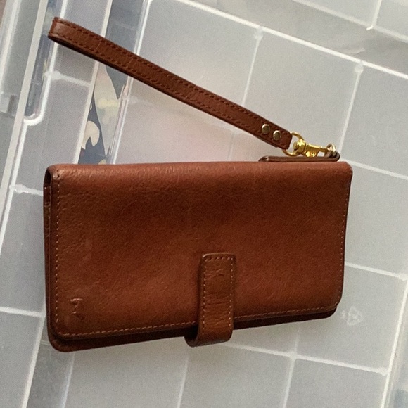 Brown Leather Wristlet Clutch with Gold Hardware - Picture 1 of 10